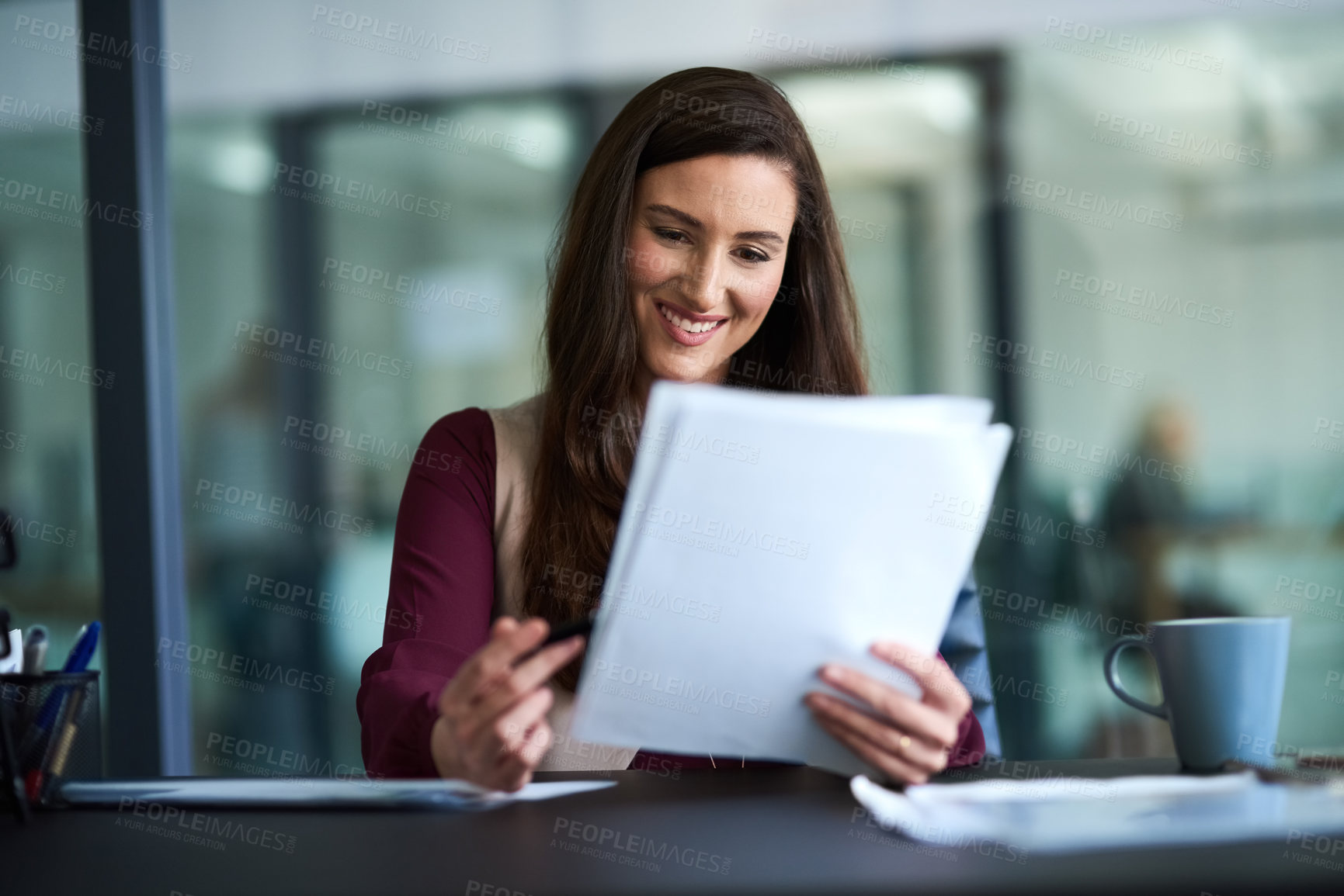 Buy stock photo Information, reading and business woman in office with pen for job promotion, onboarding or recruitment. Paperwork, career and female financial advisor with signature for company insurance document.