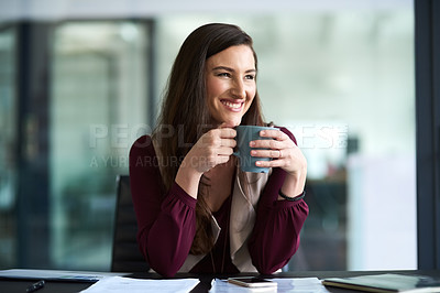 Buy stock photo Businesswoman, office and smile with coffee at desk for lunch break with happy in company. Accountant, positive and notes for corporate in the Netherlands with professional financial analyst.