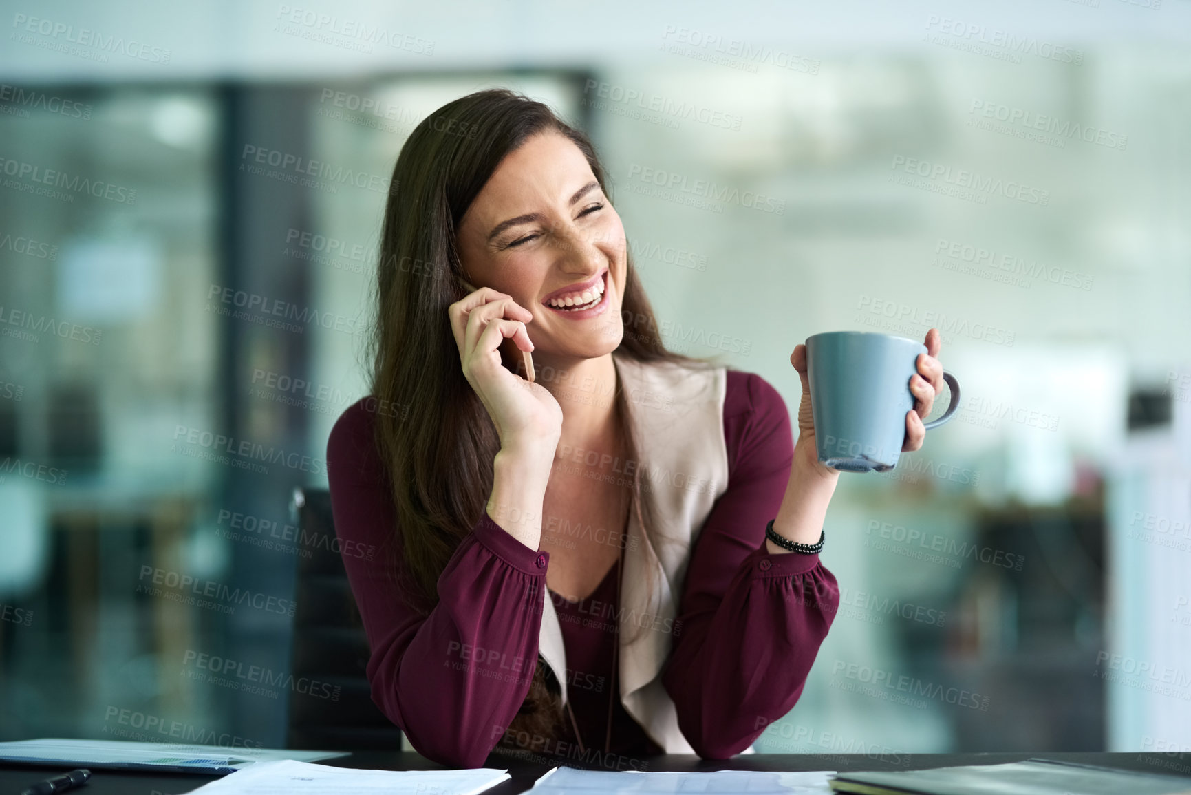 Buy stock photo Businesswoman, office and call on smartphone with coffee at desk for lunch break with happy. Creative writing, positive and notes for inspiration in France with professional editing or research.