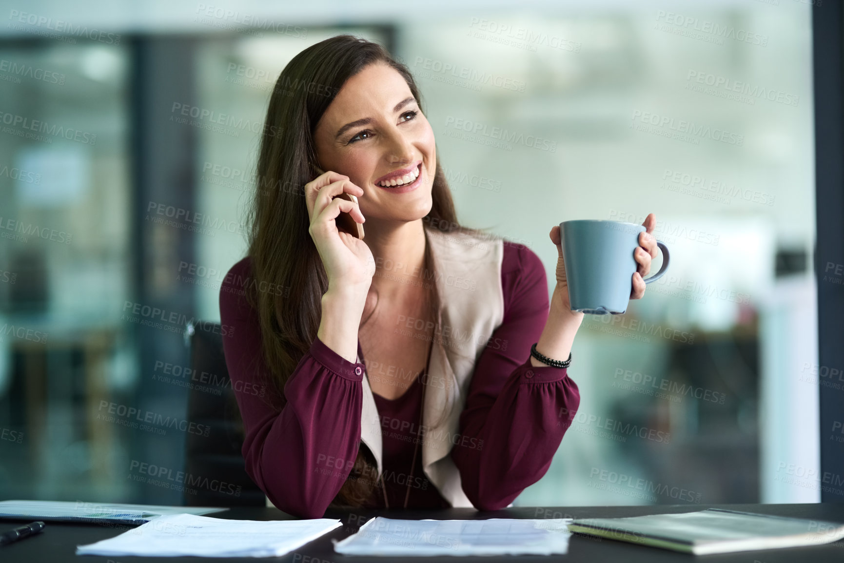 Buy stock photo Office, businesswoman and smile with coffee at desk for lunch break with happy in company. Positive, accountant and notes for corporate in the Netherlands with professional financial analyst.