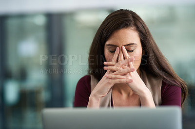Buy stock photo Woman, office and stress with laptop for research at company with deadline or overtime for career growth. Female person, employee and tired or exhausted in desk with pc at work as hr manager

