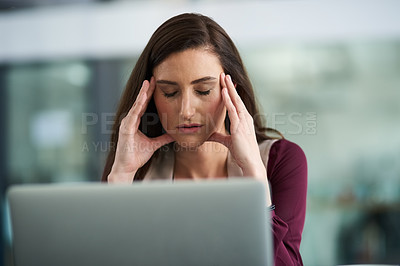 Buy stock photo Woman, office and tired with laptop for research at company with deadline or overtime for career growth. Female person, employee and stress or exhausted in desk with pc at work as hr manager

