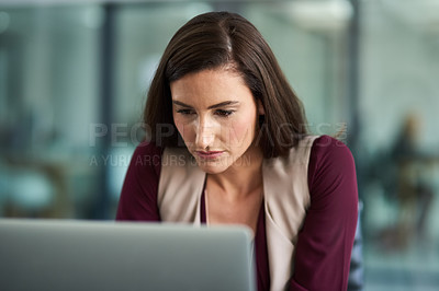 Buy stock photo Portrait, businesswoman and consultant with laptop for contact, email and connection. Female employee, technology and vison for typing, corporate startup company project with office background