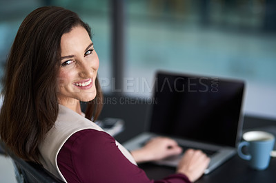 Buy stock photo Happy, businesswoman and laptop in portrait for work, email and connection. Female consultant, computer and ideas for typing startup agenda or schedule of company project with office background