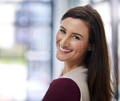 Buy stock photo Office, portrait and accountant with smile at finance agency, company and startup for development. Woman, employee happy and entrepreneur at workplace for growth, confident or positive for business