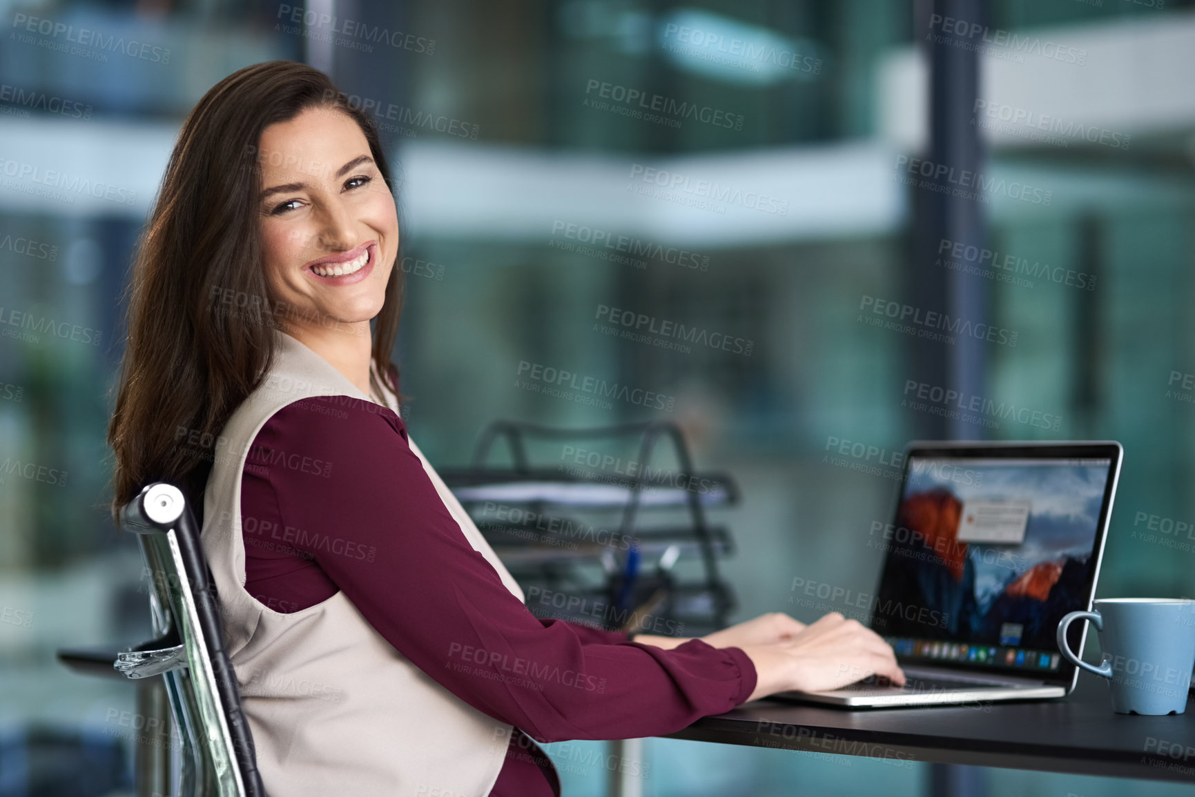 Buy stock photo Happy businesswoman and portrait with computer for writing email, connection and agenda. Female employee, laptop and consultant for advice and support while typing startup company project in office