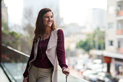 Buy stock photo Thinking woman, smile and balcony in city at workplace for business, growth and recruitment as hr manager. Female person, pride and confidence for industry, company or corporate at office in London