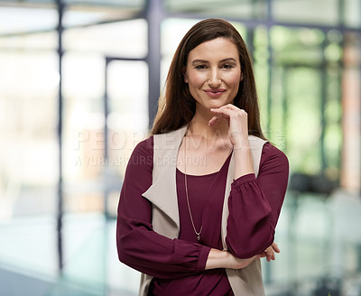 Buy stock photo Thinking, business and woman for portrait in office for planning, ideas and research for company growth as editor. Confident, smile and journalist with information on development of creative project
