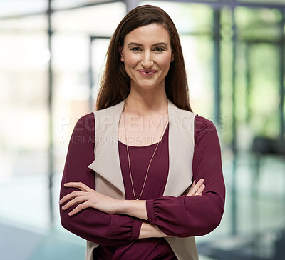 Buy stock photo Career woman, hr and smile in portrait at office or workplace for business, growth and recruitment as manager. Female person, professional and confident in industry, company or corporate in New York
