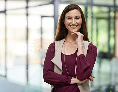 Buy stock photo Happy woman, portrait or designer with confidence in office ready for project, enterprise or business. Smile, worker and employee in workspace for entrepreneurship career, startup and opportunity