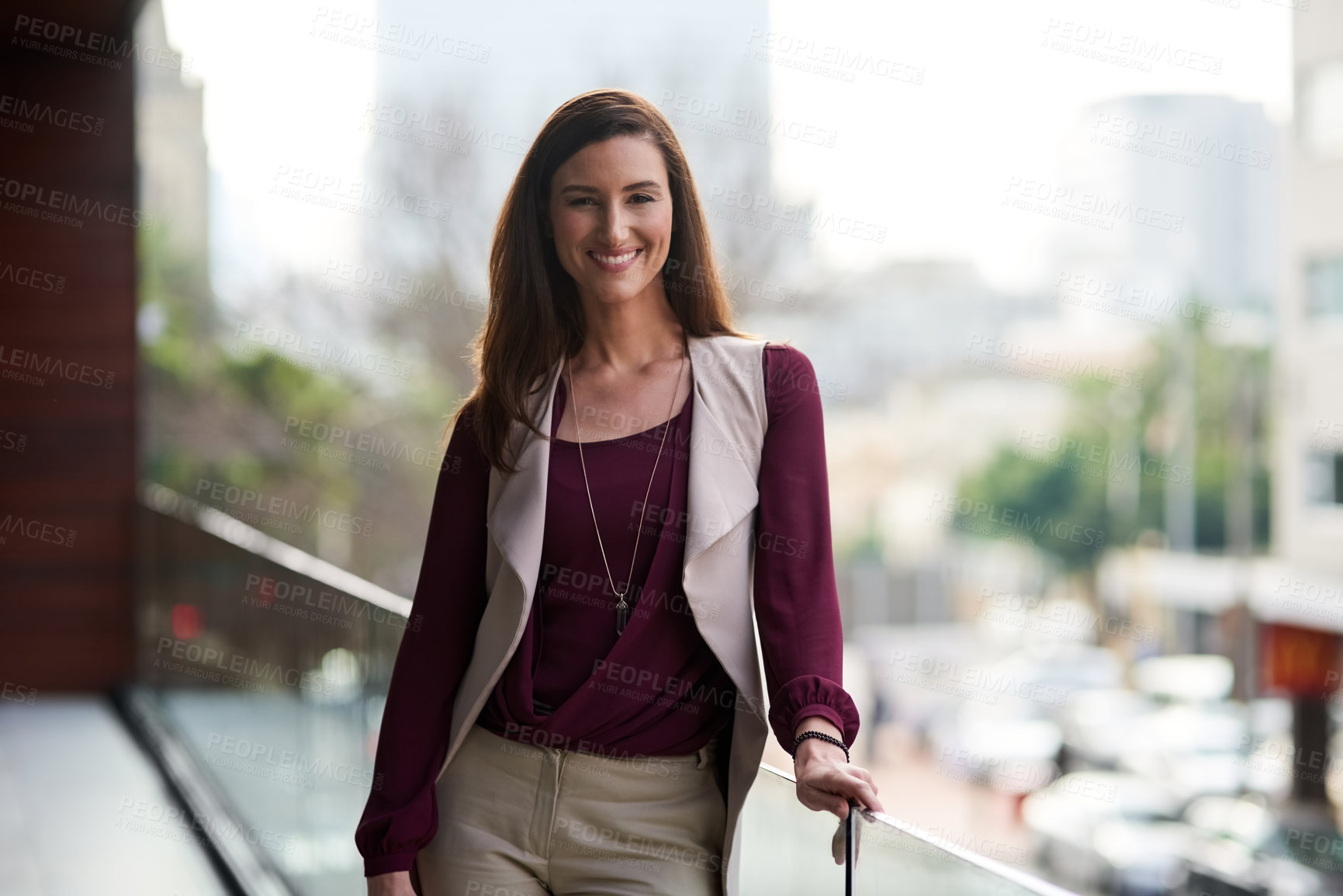 Buy stock photo Career woman, balcony and smile in portrait in hr at workplace for business, growth and recruitment as manager. Female person, professional and confident in industry, company or corporate in London
