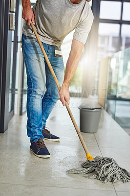 Buy stock photo Cleaning floor, janitor and mop in office for routine clean, cleanliness and sanitation in workspace. Washing tiles, man and ground staff in company for spill, cleansing and hygiene or maintenance
