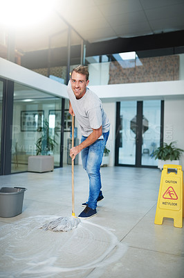 Buy stock photo Man, portrait and mopping office floor or cleaning hygiene with caution sign or water, soap or bacteria. Male person, face and smile in corporate building as janitor service or dirty, wellness or job