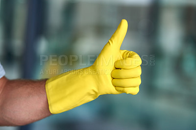 Buy stock photo Cleaner, hands and thumbs up with gloves for housekeeping, thank you or cleaning service in office. Closeup, person or maid with like emoji, yes sign at job for review, vote or rating in hygiene