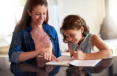 Buy stock photo Mother, child and notebook in apartment for learning, education and connection in family home. Happy mom, young girl and studying in dining room for back to school, learn and teaching for scholarship
