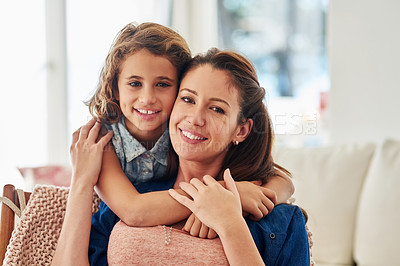 Buy stock photo Hug, portrait and mother with girl on sofa for love with connection, affection and comfort with safety or security on mothers day. Mom, daughter and bonding together in home for support, hug and care