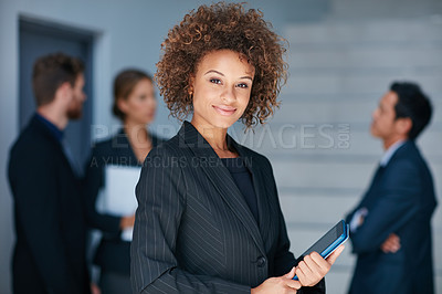 Buy stock photo Business, portrait and woman with digital tablet in office for meeting, planning or briefing with team. Face, leader and African lady person online for schedule, management and proposal, plan or goal