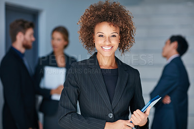 Buy stock photo Portrait, digital tablet and business woman in office for meeting, planning or briefing with team. Face, leader and african female person online for schedule, management and proposal, plan or goal