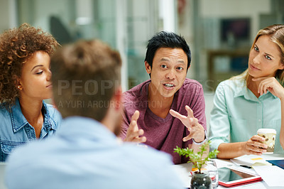 Buy stock photo Talking, business and employees planning, teamwork and partnership for development, growth and new project. Male person, manager or leader with staff, brainstorming and collaboration in the workplace