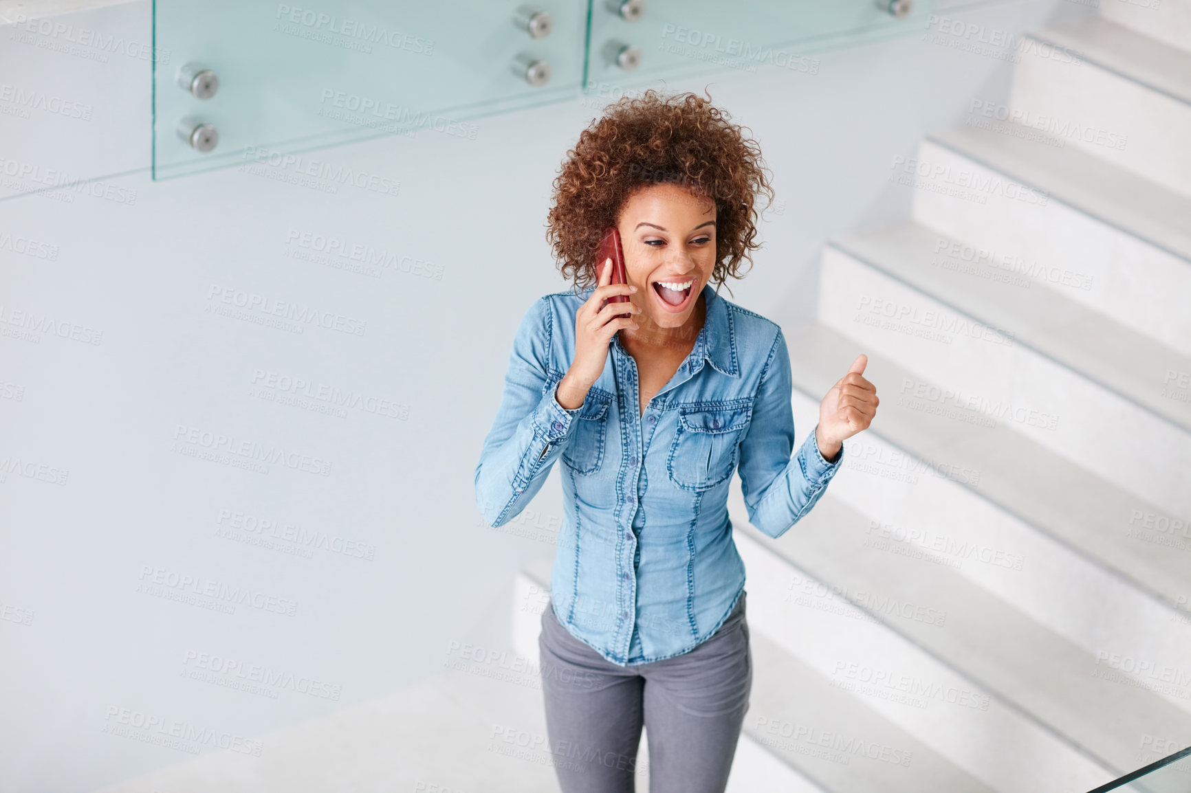 Buy stock photo Phone call, success and excited with business woman in office for campaign target, contact and goal. Happiness, celebration and client approval on branding with person in agency for communication