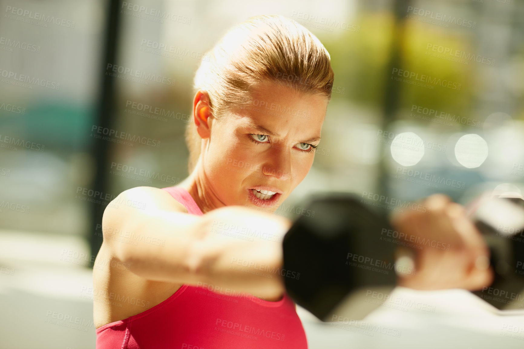 Buy stock photo Cropped shot of an attractive young woman working out with dumbbells