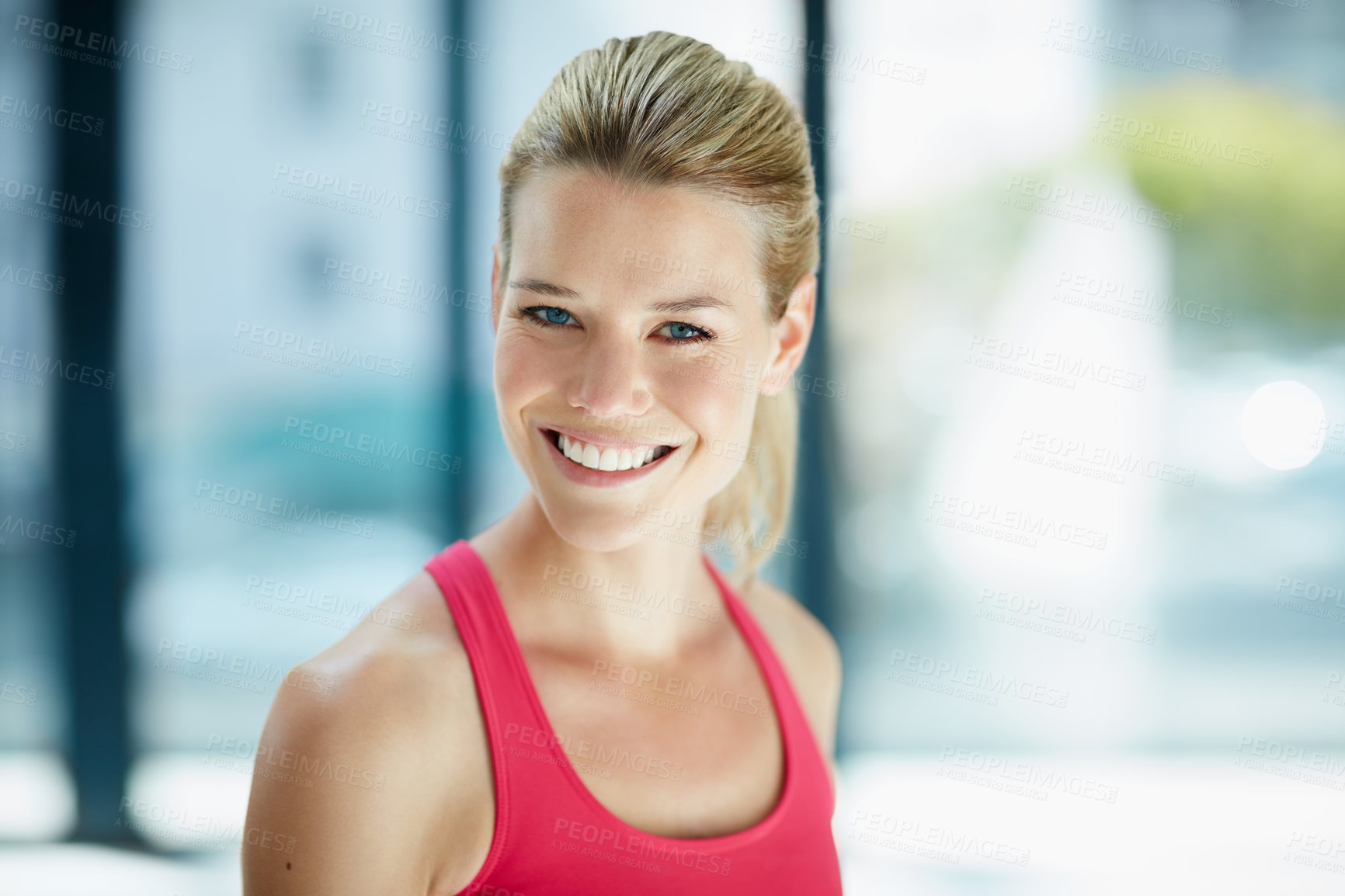 Buy stock photo Happy, fitness and portrait of woman in gym for health, wellness or exercise for weightloss. Smile, confident and female person with positive attitude for workout at sports center in Australia.