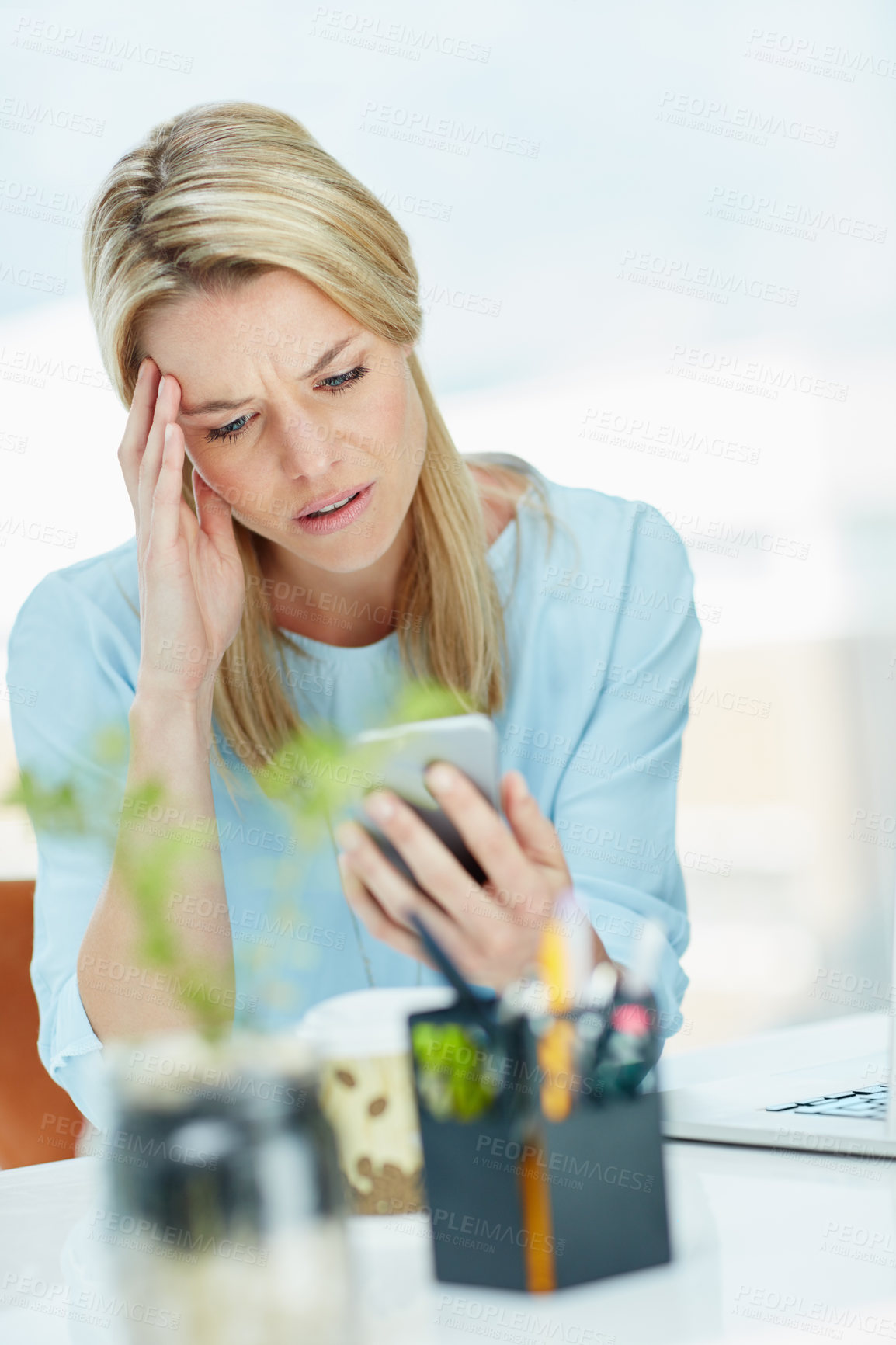 Buy stock photo Woman, stress and reading in office with phone for social media gossip, text message and bad news. Disappointed, person and browse with tech in workplace for online rumor, internet problem and issue.