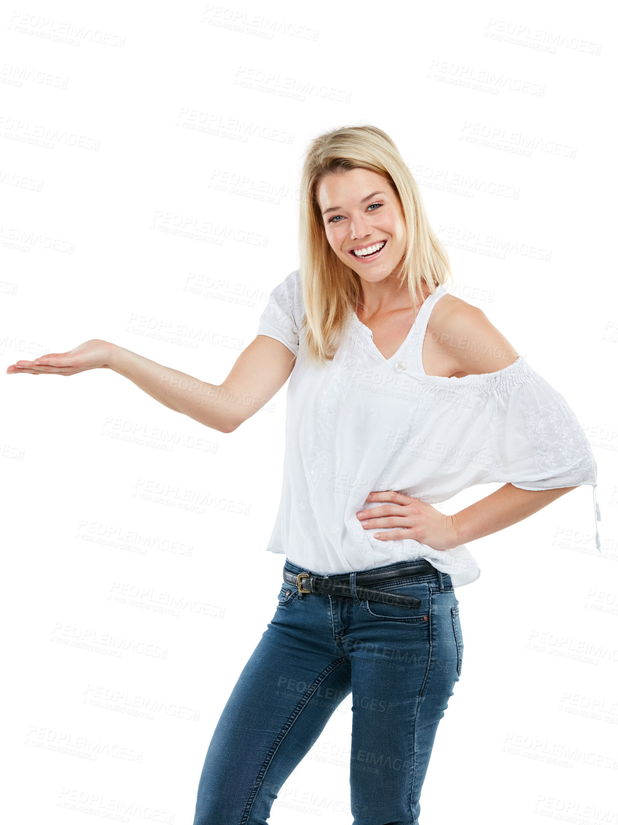 Buy stock photo Studio portrait of an attractive young woman presenting copyspace against a white background