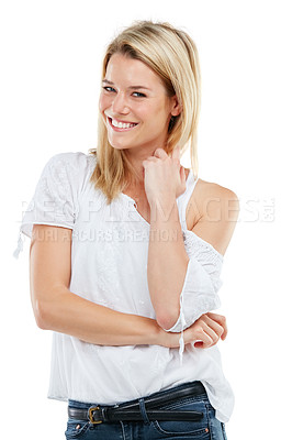 Buy stock photo Studio portrait of an attractive young woman posing against a white background