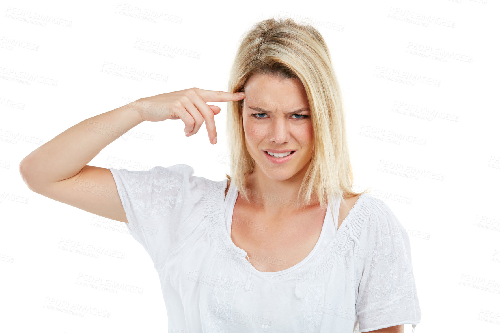 Buy stock photo Studio shot of a young woman pointing her fingers at herself in annoyance against a white background