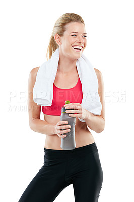 Buy stock photo Studio shot of an athletic young woman holding a water bottle