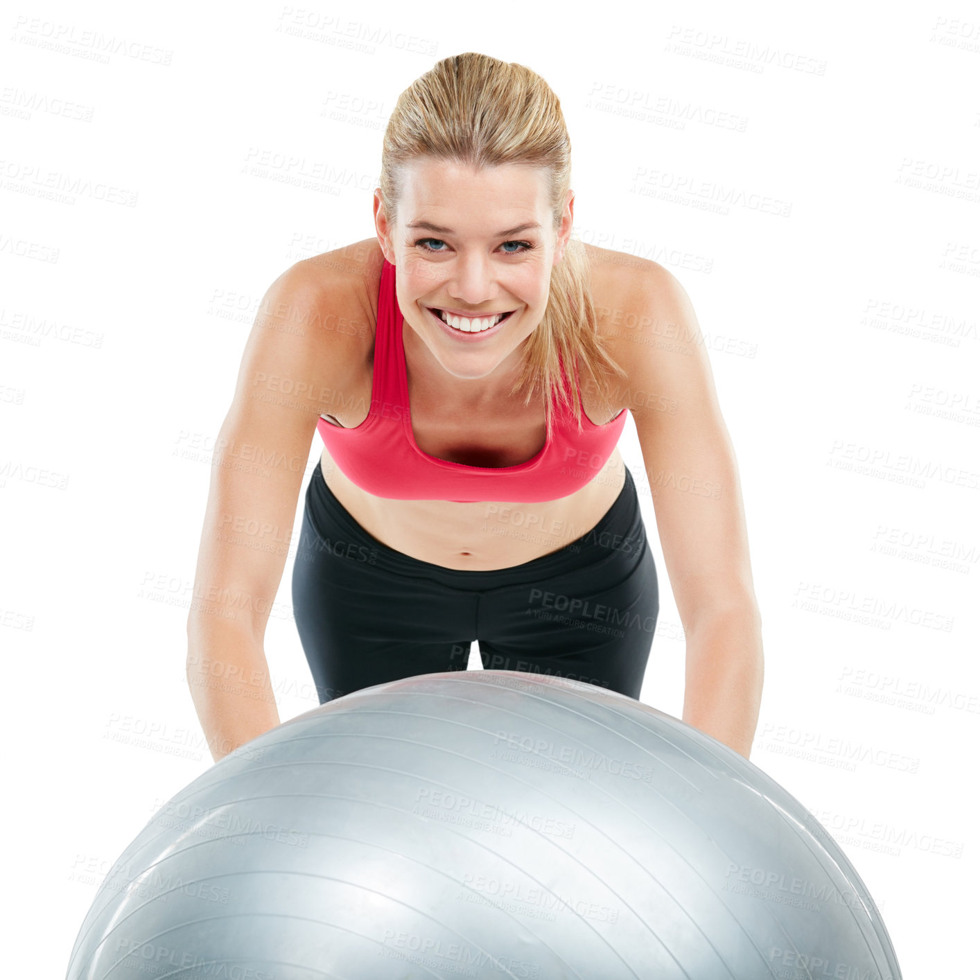 Buy stock photo Studio shot of a young woman working out with her exercise ball