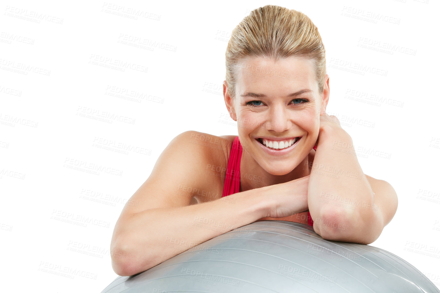 Buy stock photo Studio shot of a young woman leaning on her exercise ball