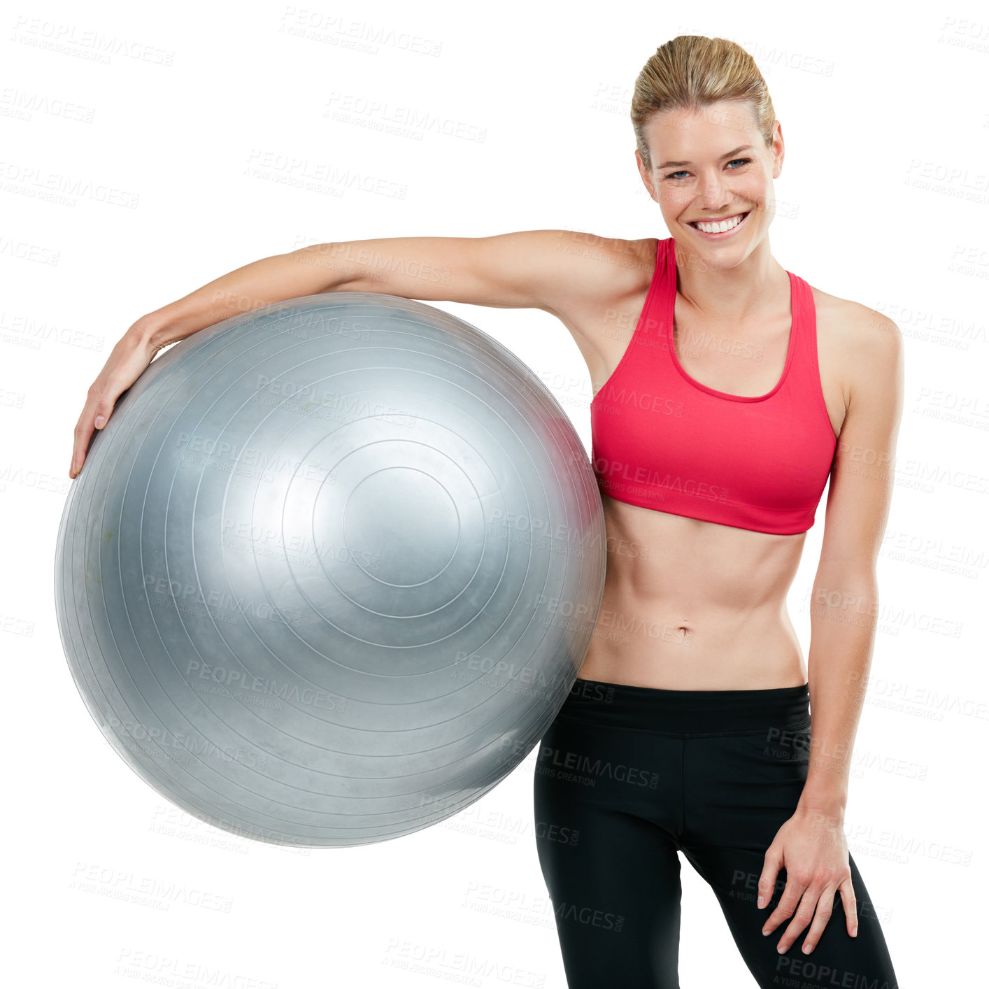 Buy stock photo Studio shot of a young woman holding her exercise ball