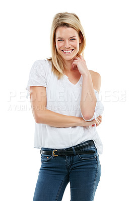 Buy stock photo Studio shot of an attractive young woman isolated on white