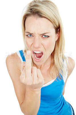 Buy stock photo Studio shot of a young woman showing the middle finger