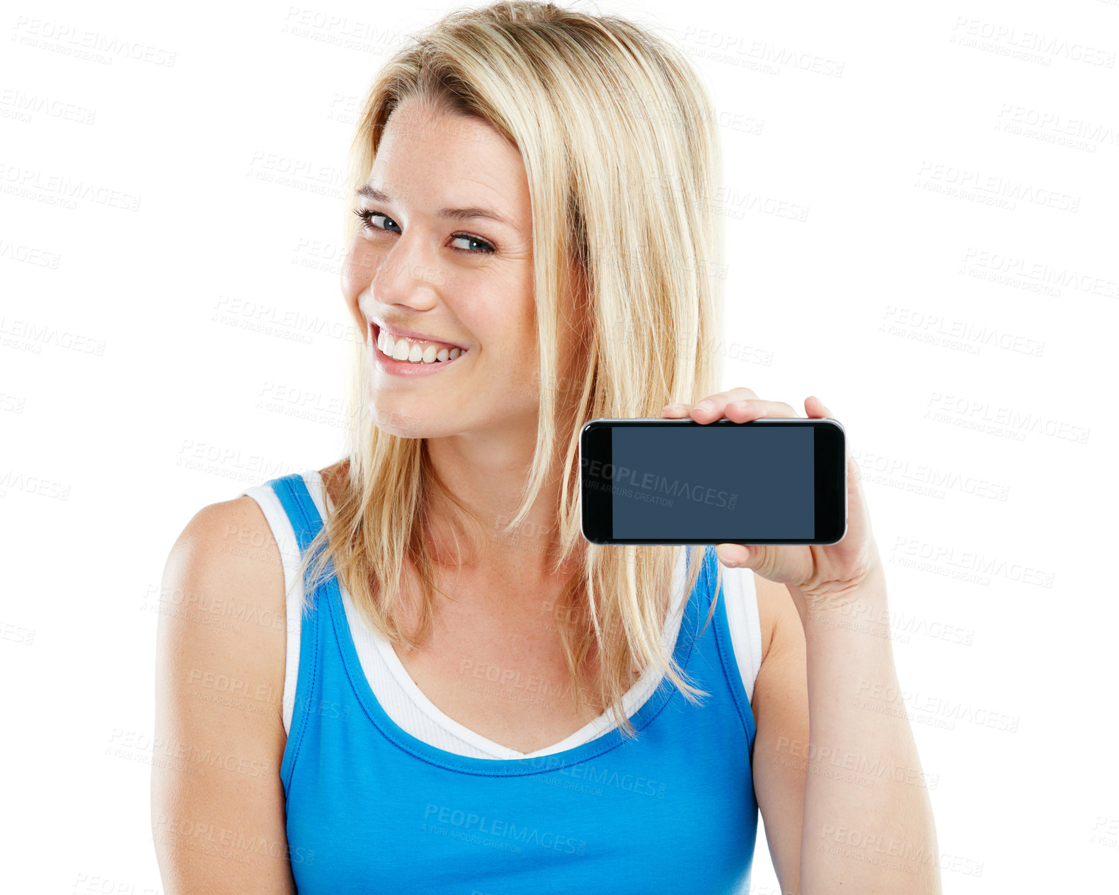 Buy stock photo Shot of a young woman holding a cellphone against a white background