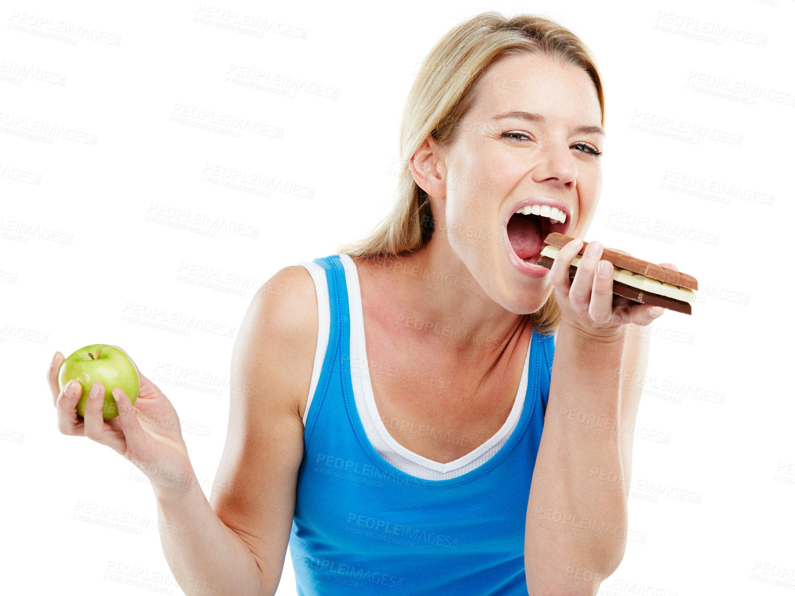 Buy stock photo Studio shot of a woman deciding between healthy and unhealthy foods