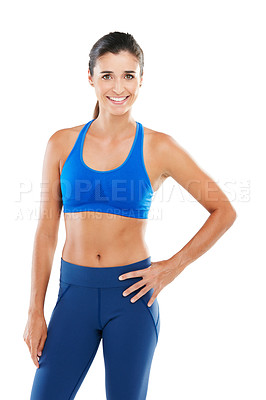 Buy stock photo Portrait of a sporty young woman standing against a white background