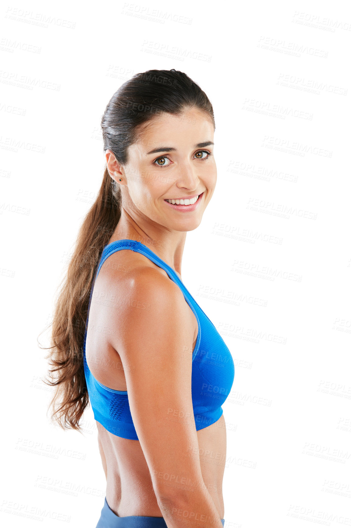 Buy stock photo Happy, exercise and portrait of woman in studio ready for fitness, training and workout for health. White background, smile and confident person in sportswear for strength, lose weight and wellness