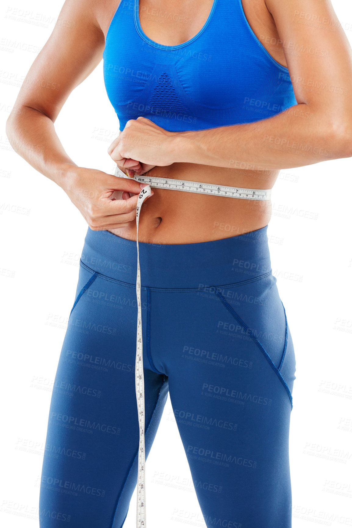 Buy stock photo Shot of a sporty young woman measuring her waist against a white background