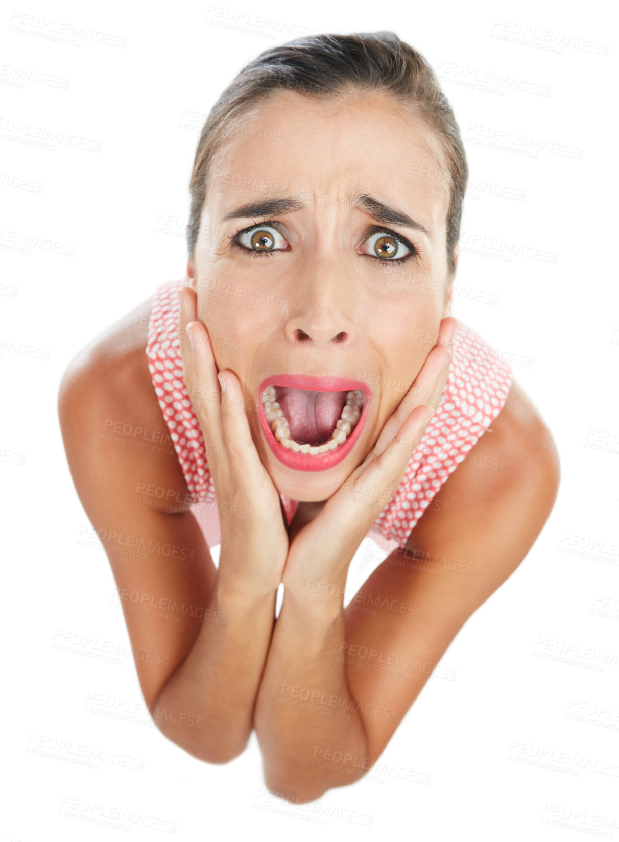 Buy stock photo Surprise, drama and portrait of woman in studio with fear expression, shocked or open mouth for crisis. Omg, wtf and above of person with scared emoji isolated on white background with worry or alarm