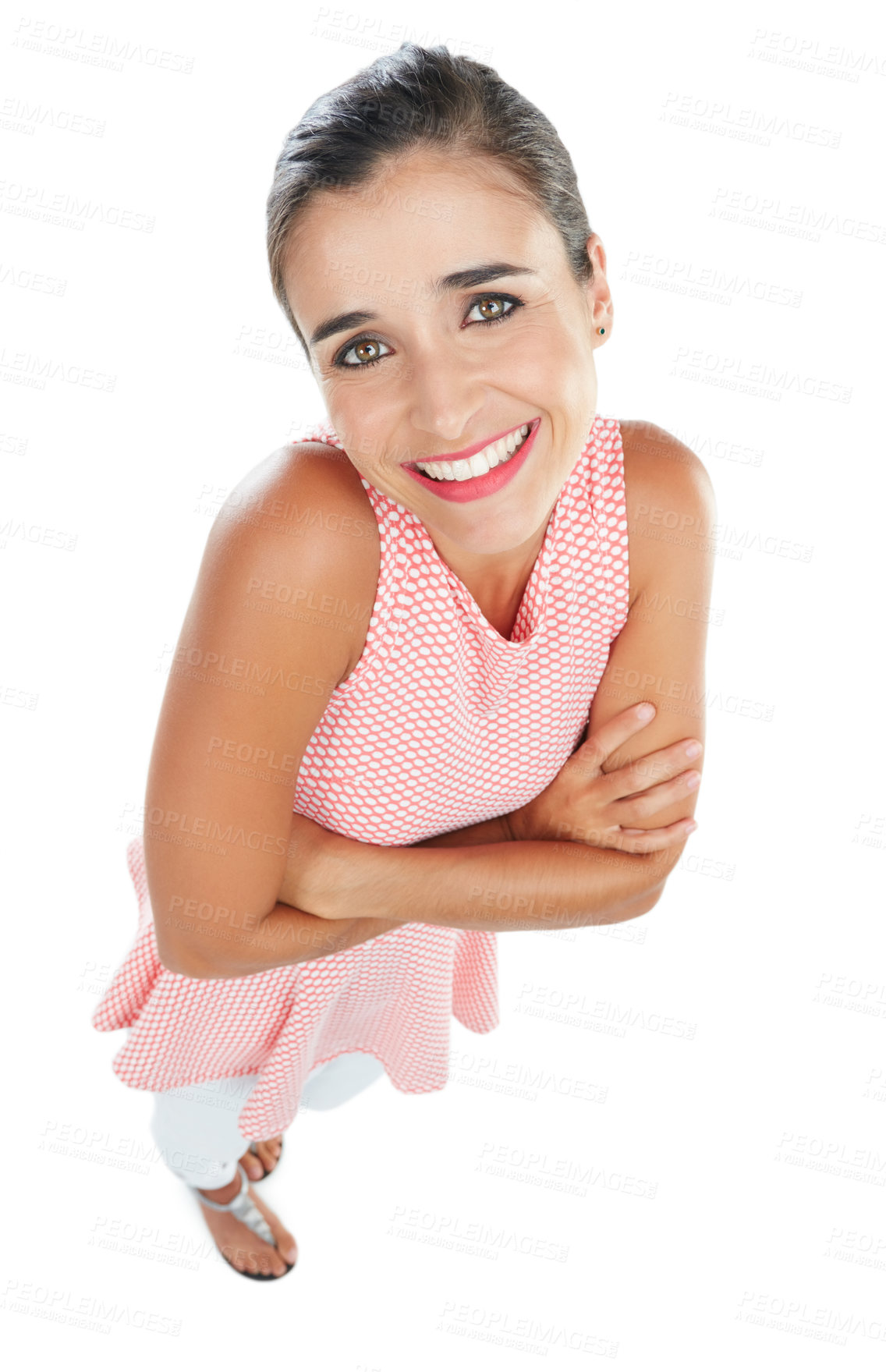 Buy stock photo High angle studio portrait of a happy young woman posing against a white background