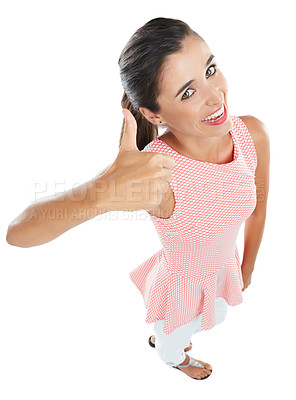 Buy stock photo High angle studio portrait of an attractive young woman giving a thumbs up gesture against a white background