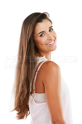 Buy stock photo Studio portrait of a happy young woman posing against a white background