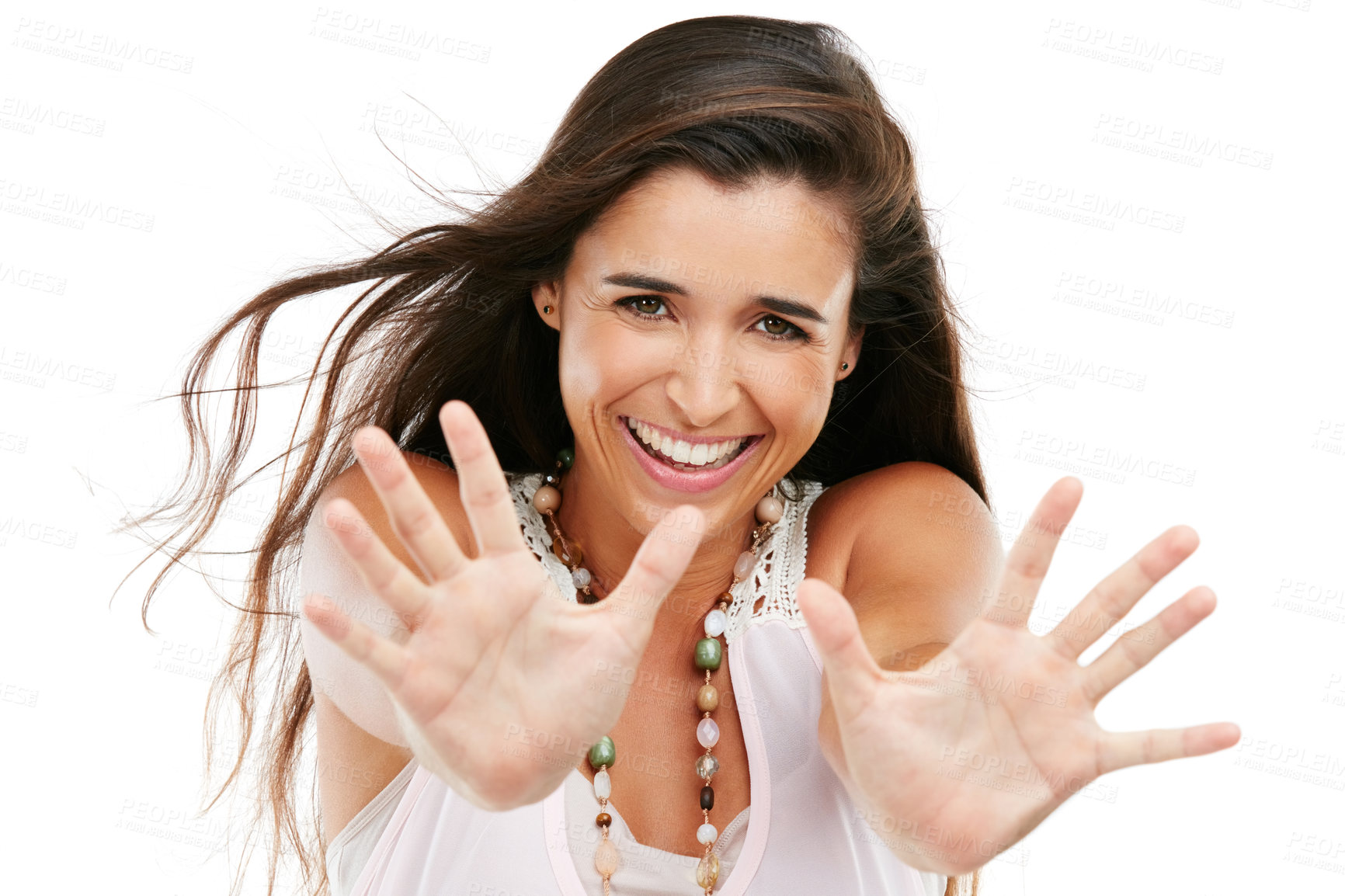 Buy stock photo Studio portrait of an attractive young woman with her arms outstretched against a white background