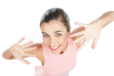 Buy stock photo High angle studio portrait of an attractive young woman posing with her hands in front of her face against a white background