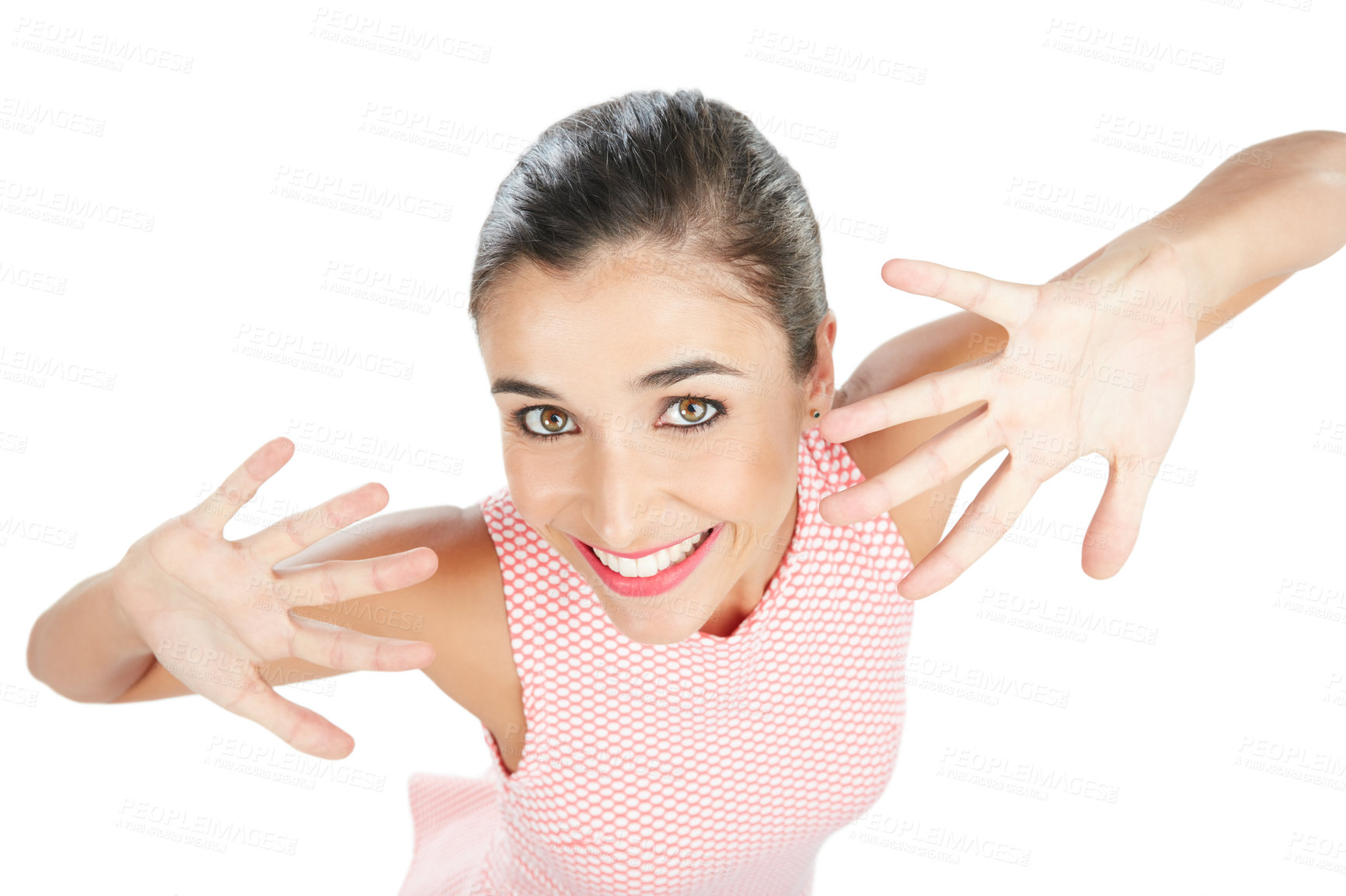 Buy stock photo High angle studio portrait of an attractive young woman posing with her hands in front of her face against a white background