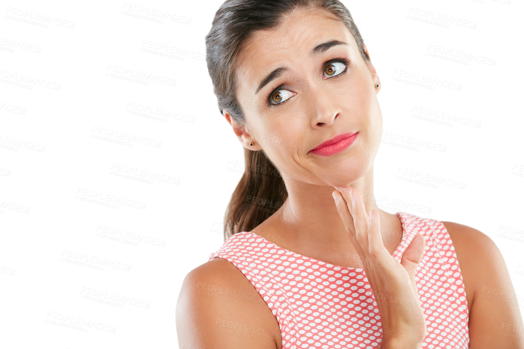 Buy stock photo Studio shot of a young woman looking unsure against a white background