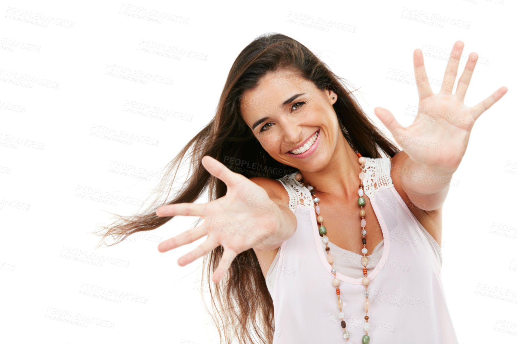 Buy stock photo Studio portrait of an attractive young woman with her arms outstretched against a white background